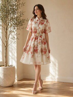 White Red Floral Midi Dress